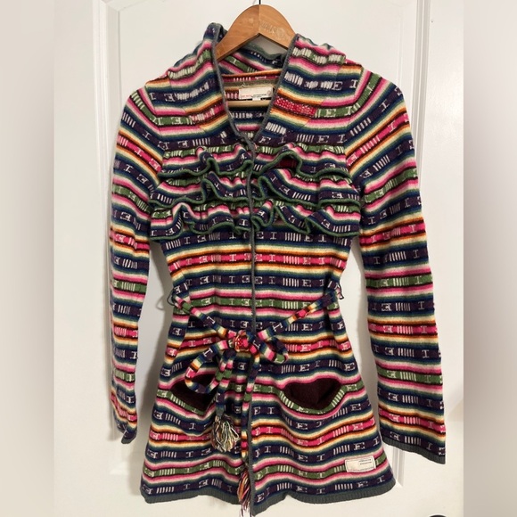 Odd Molly Size 0 XS Colorful Striped Snap Cardigan Ruffle Tie Waist Wool Cozy - Picture 12 of 13